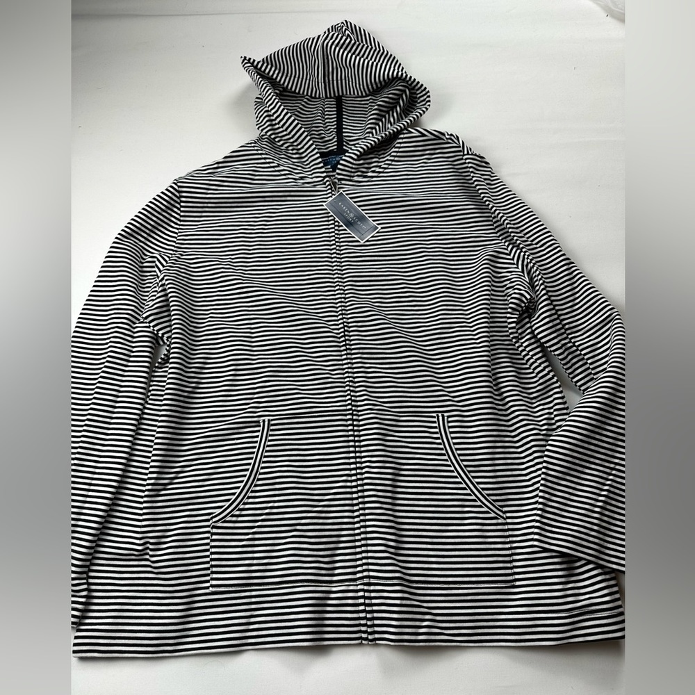 Striped Zip-Up Hooded Top - Black & White